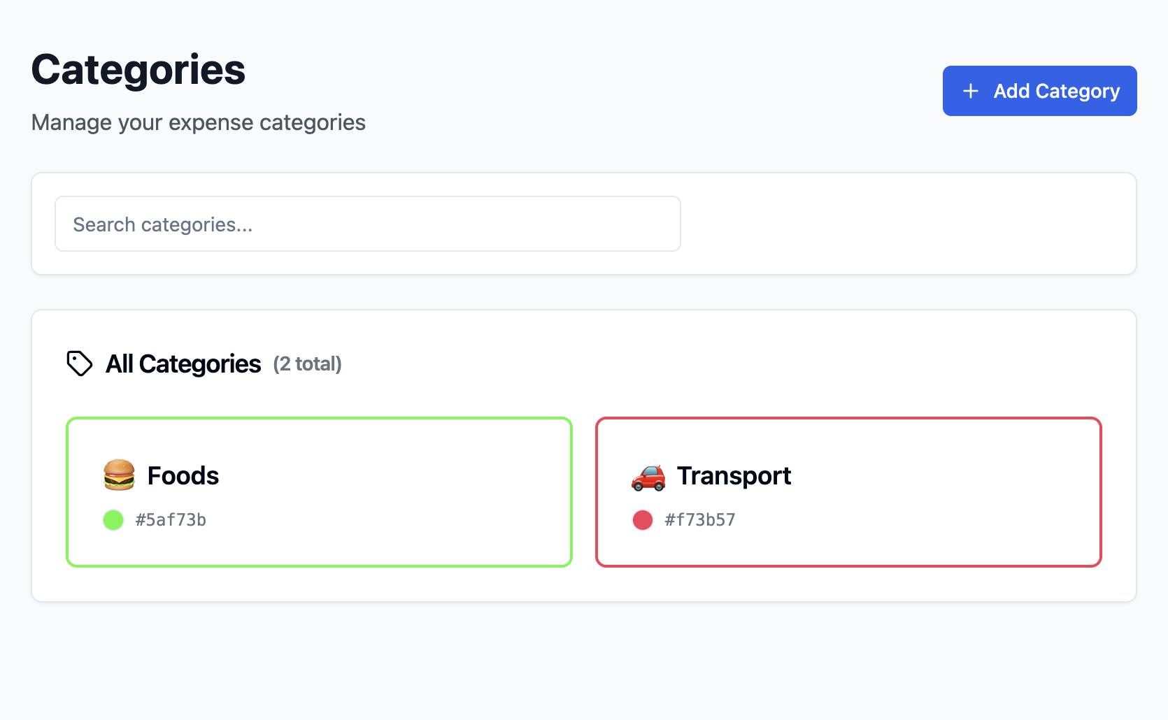 Categories management interface