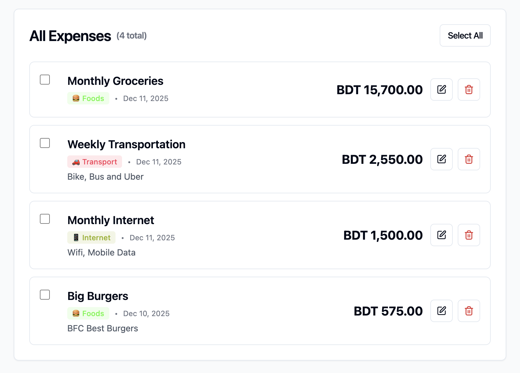 Expenses list with details