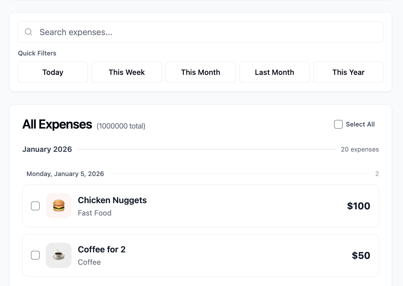 Comprehensive expense list showing 20 of 500 expenses with search bar, filter by 'Updated Date', sort by 'Descending', displaying expense cards with category icons, titles, amounts, and dates with quick action buttons